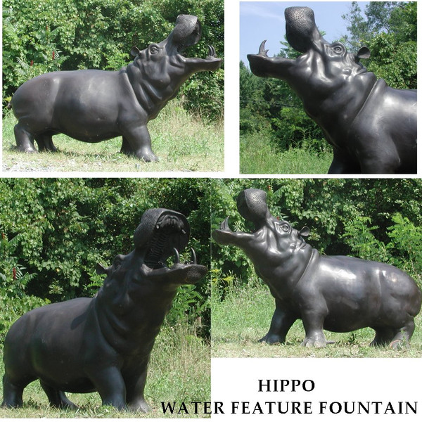 Incredible bronze hippo water feature, mouth wide open and head raised